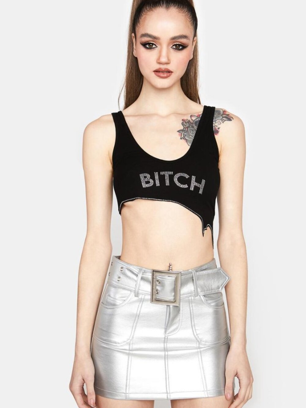 Badee Metallic Silver Leather Mini Skirt